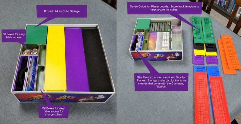 May include: A board game organiser with several compartments in green, yellow, purple, and black. It features bit boxes, a lid for cube storage, and space for cards and dice. Also included are seven colour player boards and score track templates.