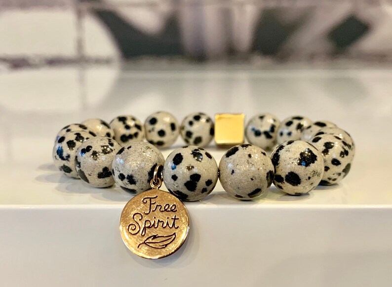 Beads 12 mm Size ML Stretch Bracelet Genuine Dalmatian gemstone With FREE SPIRIT bronze charm and Hematite square spacer