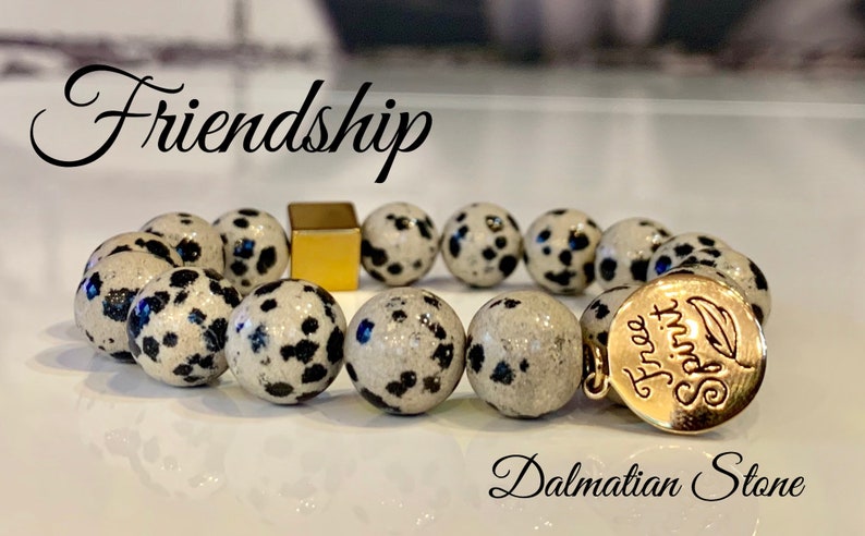 Beads 12 mm Size ML Stretch Bracelet Genuine Dalmatian gemstone With FREE SPIRIT bronze charm and Hematite square spacer