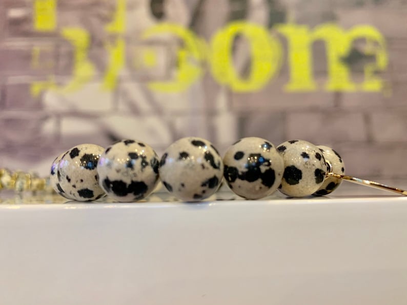 Beads 12 mm Size ML Stretch Bracelet Genuine Dalmatian gemstone With FREE SPIRIT bronze charm and Hematite square spacer