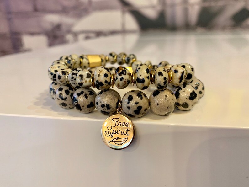 Beads 12 mm Size ML Stretch Bracelet Genuine Dalmatian gemstone With FREE SPIRIT bronze charm and Hematite square spacer