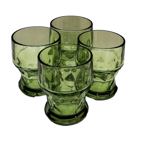 Vintage VIKING Georgian Honeycomb Green Glass 3" H Juice Glasses Set *4* Retro Style Collectible Glass Set