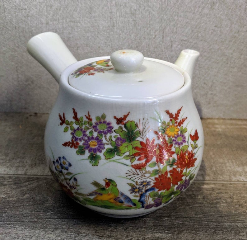 Vintage Japanese Tea Pot Floral and Parrots Design Straight Etsy