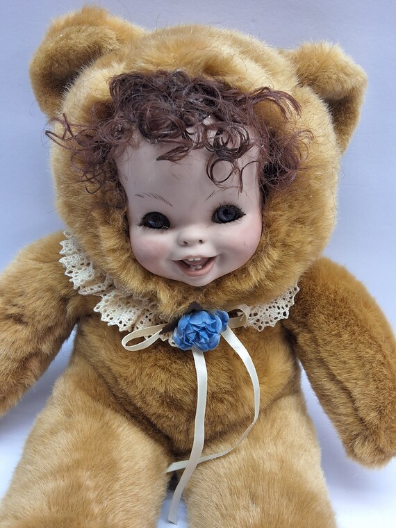 Vintage Handmade Porcelain Face Doll Blue Eyed Curly Hair Teddy Bear Plush Toy Stuffed Animal Vintage Dolls Collectibles Etsy