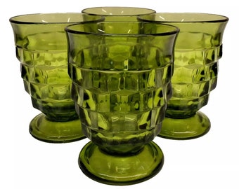 Vintage Indiana Glass Whitehall Cubist Avocado Green Footed Juice Glasses 4" H Set *4* Retro Home Décor