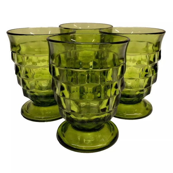 Vintage Indiana Glass Whitehall Cubist Avocado Green Footed Juice Glasses 4" H Set *4* Retro Home Décor