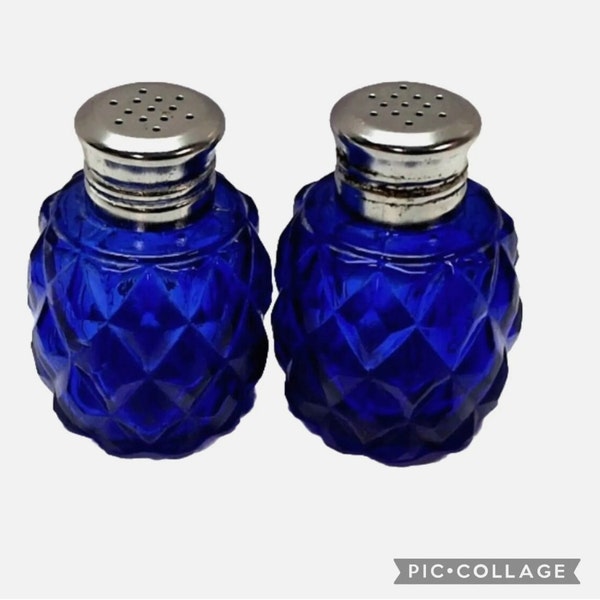 Vintage Mid-Century Modern Cobalt Blue Glass Diamond Patteren Mini Salt and Pepper Shakers Set *2* Japan MCM Decor