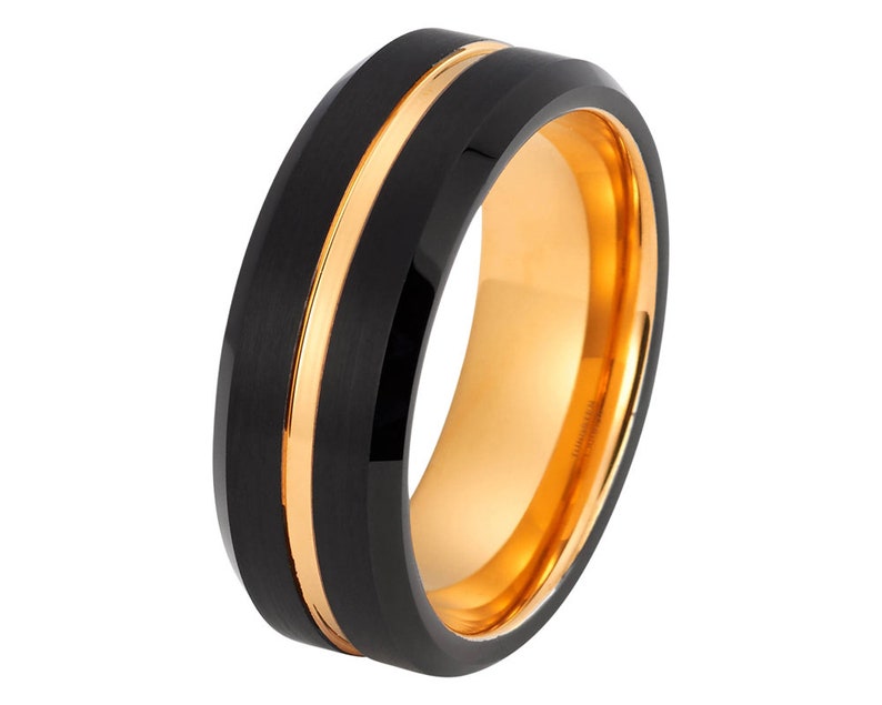 Mens Wedding Band Tungsten Ring 8mm Yellow Gold Ring Black And Yellow Ring Engagement Anniversary Yellow And Black Ring Mens Ring Promise