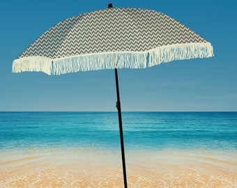 Grey and White Chevron 100% UV Beach Umbrella with Fringe Comes with a Sand Anchor