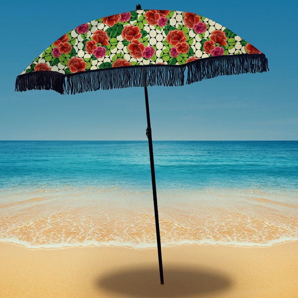 Vibrant Rose Patterned 100% UV Protection Beach Umbrella with Sand Anchor