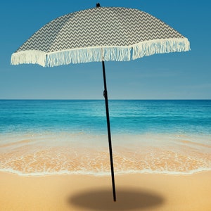 Grey and White Chevron 100% UV Beach Umbrella with Fringe Comes with a Sand Anchor