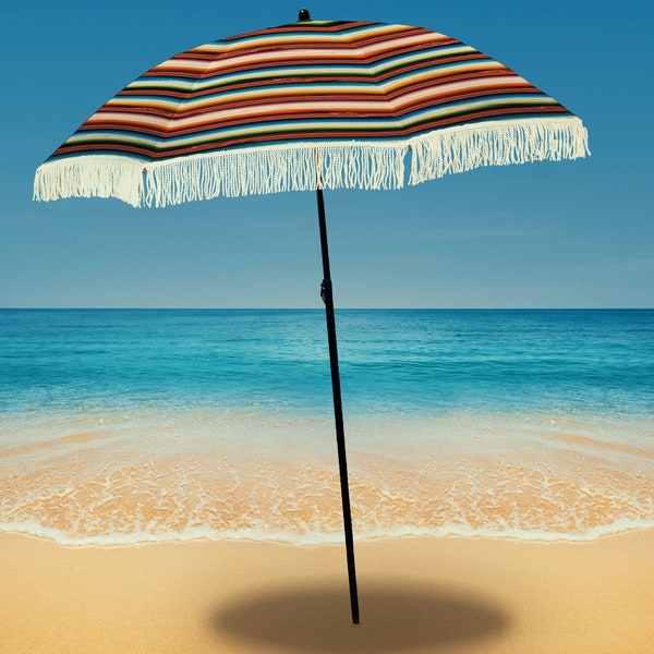 Mexican Blanket Style "Las Brisas" Vintage Feeling Beach Umbrella with Sand Anchor