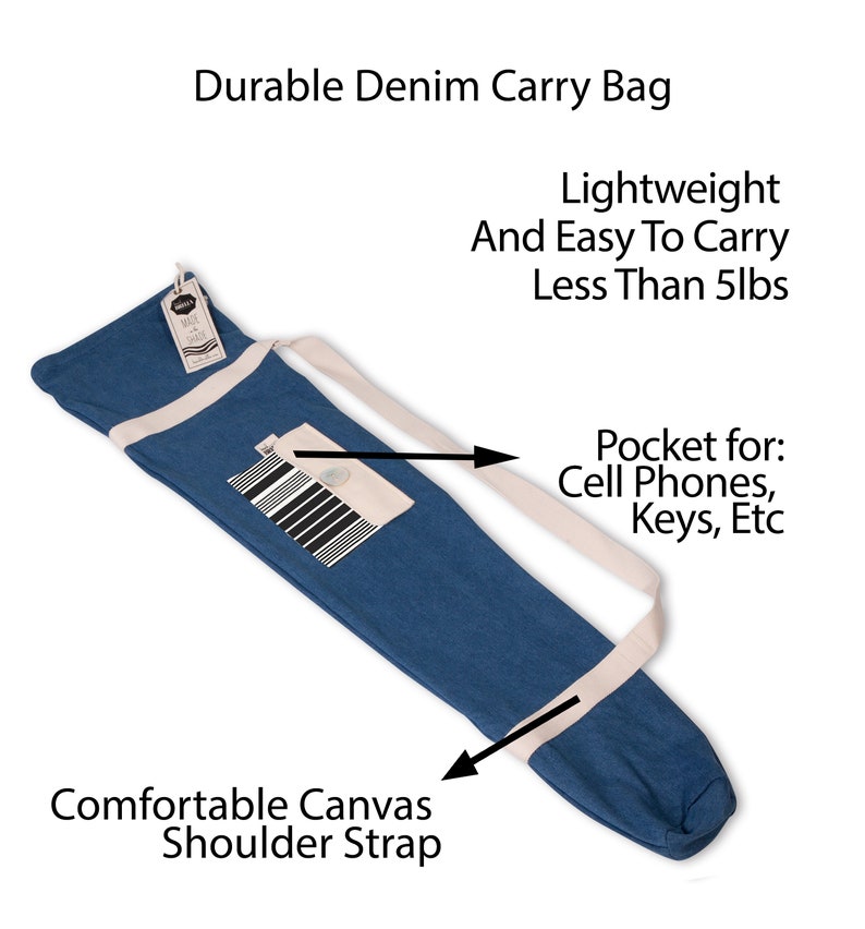 Puede incluir: Una bolsa de transporte de mezclilla azul con una correa de hombro de lona blanca y un peque&ntilde;o bolsillo para tel&eacute;fonos celulares o llaves. La bolsa es liviana y f&aacute;cil de transportar, pesa menos de 5 libras.