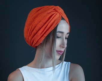 Turban orange tricoté