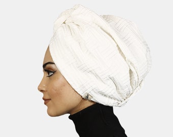 White Head Scarf, Knot Headwrap, Hijab, Pre Tied Turban Hat, Head Wrap, Soft Turban, Chemo Hat, Scarf, Crochet Pattern, Fashion Turban Hat