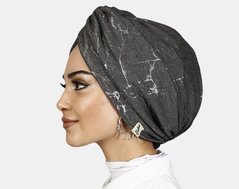 Combing Smokey Gray Turban Hat, Marble Pattern, Head Scarf, Twist Head Cover, Headbands for Women, Pre Tied Headscarf, Mothers Day Gift