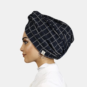Checkered Navy Turban, Hijab Knot Headwrap, Pre-tied Head Wrap, Chemo Cap, Women  Headscarf, Comfortable Headwear, Hijab Fashion Headpiece
