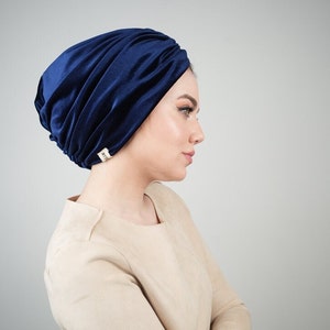 Velvet Turban Hat, Gathered Headwrap, Hijab Headscarf, Ready to wear, Mothers Day Gift, Handmade Turban Gift, Navy Turban, Reversible Bonnet