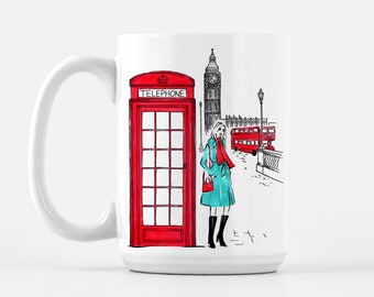 London Mug/ Fashion Mug, London Print Coffee Cup, Cute Mug with Fashion Illustration, Fashionable Gifts/ Best Gifts for Her