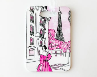 Custom Luggage Tag with Pink Paris Print, Paris Luggage Tag for Women, Personalized Bag Tag, Cute Travel Gifts, Fashionable Paris Gifts