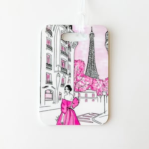 Custom Luggage Tag with Pink Paris Print, Paris Luggage Tag for Women, Personalized Bag Tag, Cute Travel Gifts, Fashionable Paris Gifts