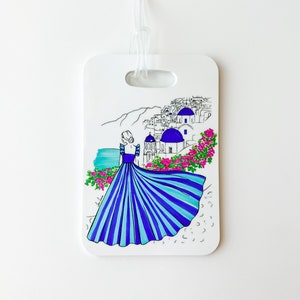 Custom Luggage Tag (Bag Tag) with Santorini Print, Personalized Luggage Tags for Women, Cute Travel Accessories, Travel Gifts for Her