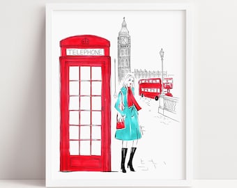 London Wall Art with Fashion Illustration, London Print/ Fashion Print, Fashion Wall Art, Girly Wall Decor, Fashionable Gift/ London Gift