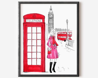 Pink London Print (Fashion Illustration), Girly Wall Art, London Apartment Decor, Fashionable Travel Gift for Her
