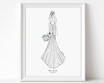 Wedding Dress Drawing from Photo, Wedding Portrait Gift for Bride, Custom Bride Gift from Maid of Honor or Mom, 1st Anniversary Gift for Her