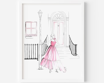 Coquette Light Pink Wall Art (Fashion Illustration Print), Girly Room Decor for Women, Minimalist Fashion Wall Art