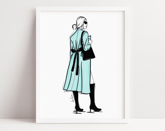 Aqua Fashion Illustration/ Fashion Wall Art, Fashion Sketch/ Line Art, Minimalist Wall Art for Women, Girly Print, Fashionable Gift for Her