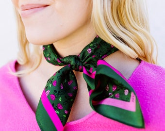 Green Silk Scarf & Floral Silk Bandana, Real Mulberry Silk Hair Scarf, Silk Twill Neckerchief, Small Square Scarf, Fashionable Gift for Her