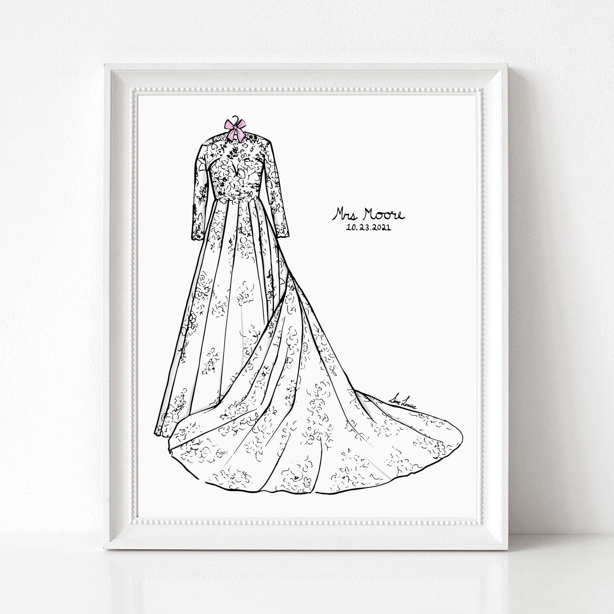 wedding dress drawing Custom Illustration: Hand-Drawn Bridal Art Commission (Giclée Print), from Photo, Gift for Bride Bride Color:Gorge Green/white cocktail dresses for juniors Lady Black Tie - Created on 300gsm/140lb acid