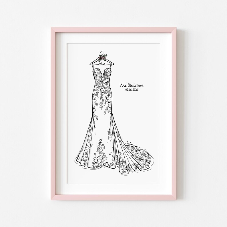 May include: A framed line art illustration of a floor-length mermaid-style gown with floral lace details hanging on a hanger labeled Mrs. The text Mrs. Tiedeman and 05.16.2026 is printed to the right of the dress in a black script font.