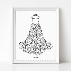 May include: A black and white line art illustration of a strapless gown with a voluminous, ruffled skirt hanging on a hanger. The hanger features small floral details at the top. The date 09.06.2025 is printed in black ink at the bottom center.