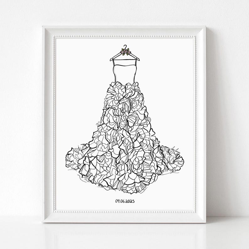 May include: A black and white line art illustration of a strapless gown with a voluminous, ruffled skirt hanging on a hanger. The hanger features small floral details at the top. The date 09.06.2025 is printed in black ink at the bottom center.