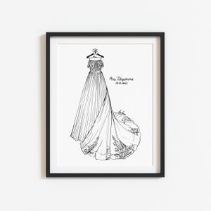 May include: A black and white line art illustration of a wedding dress hanging on a hanger, framed in black. The dress features a lace bodice and a long, flowing skirt with floral details. Text reads Mrs. Fitzsimons and 08.05.2023.