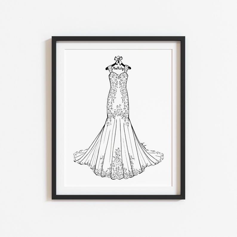 May include: A black and white line art illustration of a floor-length gown with a flared skirt and intricate floral embroidery details. The dress hangs on a hanger featuring a small bow and the handwritten text Mrs. Ritz, all inside a black frame.