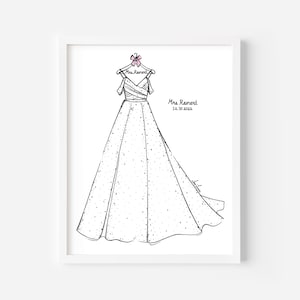 May include: A framed line art illustration of a floor-length wedding dress with off-the-shoulder straps, hanging on a hanger with a pink bow. The hanger is labeled Mrs. Reinert, and the text Mrs. Reinert 12.30.2022 appears on the right side.