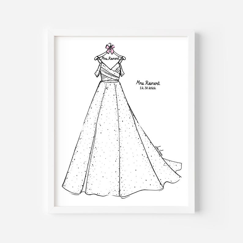 May include: A framed line art illustration of a floor-length wedding dress with off-the-shoulder straps, hanging on a hanger with a pink bow. The hanger is labeled Mrs. Reinert, and the text Mrs. Reinert 12.30.2022 appears on the right side.