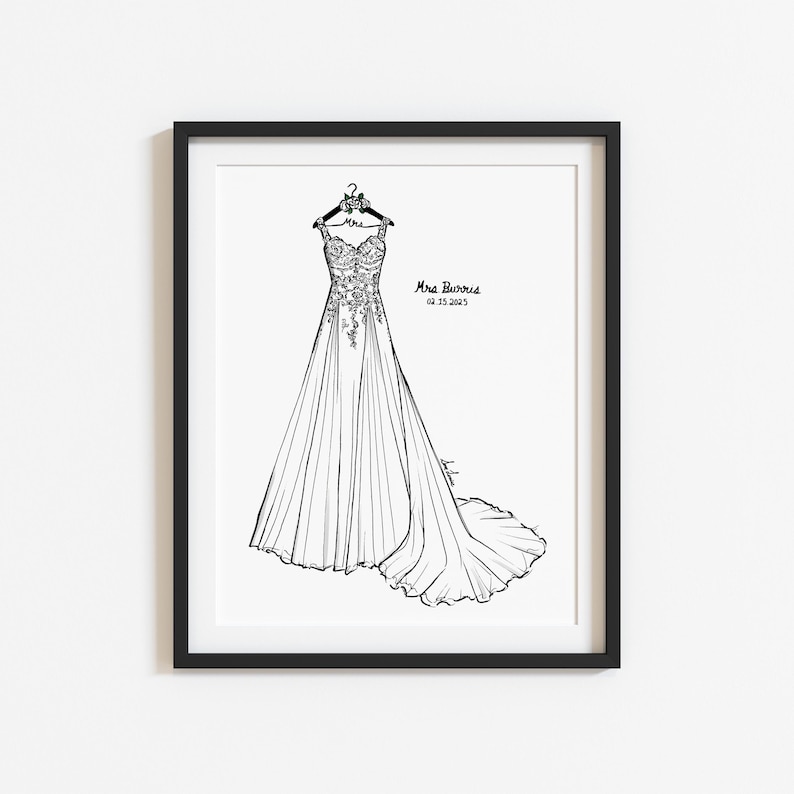 May include: A black and white line art illustration of a wedding dress hanging on a hanger, framed in a black border. The dress features floral lace detailing on the bodice and a long skirt. Text reads Mrs. Burris and 02.15.2025.