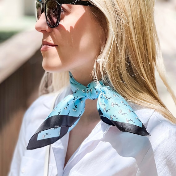 Blue Floral Mulberry Silk Neck Scarf Teal Blue Floral Mulberry Silk Scarf: Square Bandana  main image 4