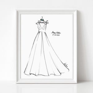 May include: A framed line art illustration of a sleeveless gown with a wide waistband and a full skirt, hanging on a hanger. The hanger features a small floral detail and the text Mrs Erler 07.25.2020 is written to the right of the gown.