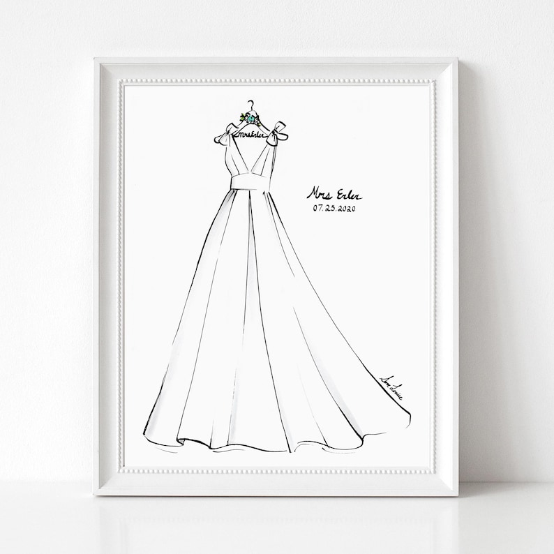 May include: A framed line art illustration of a sleeveless gown with a wide waistband and a full skirt, hanging on a hanger. The hanger features a small floral detail and the text Mrs Erler 07.25.2020 is written to the right of the gown.