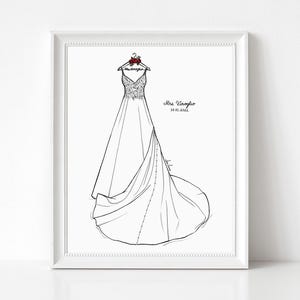 May include: A framed line art illustration of a wedding dress hanging on a hanger with red roses. The dress features a lace bodice and a long skirt with a train. The text Mrs Viroglio and 10.01.2022 are printed on the right side of the dress.