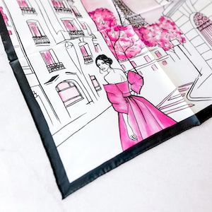 Pink Mulberry Silk Scarf, Paris Fashion Illustration Silk Bandana, Girly Hair Scarf/ Neckerchief, Neck Scarf Women, Fashionable Paris Gift
