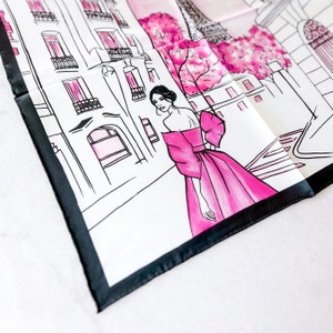 Rosa Maulbeerseidenschal mit Paris Mode-Illustration, Seidenbandana, Haarschal oder Halstuch, quadratischer Taschenschal, modisches Paris Geschenk