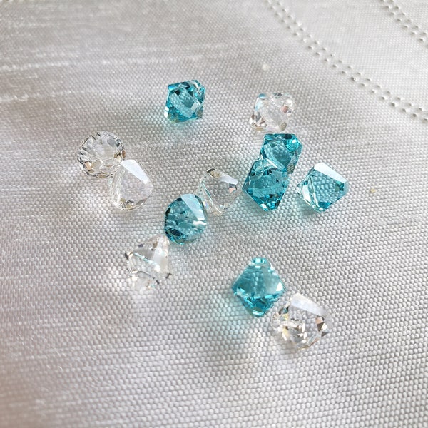 SWAROVSKI #6328, Crystal top-drilled Bicone Pendant, 6 mm. 2 colors: crystal clear and light turquoise. Lot of 12 pieces. Destash. DIY