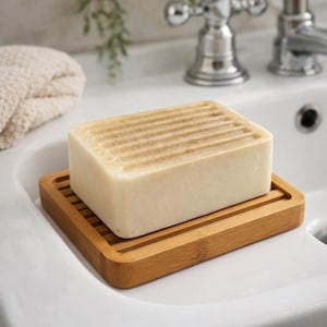 May include: A rectangular bar of light-colored soap with grooved lines on top, resting on a small, square bamboo soap dish. The soap dish has a slatted design and is made of light brown bamboo. The items are placed on a white sink.