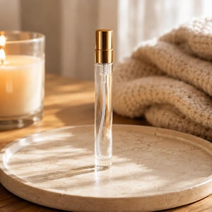 May include: A tall, slender, clear glass spray bottle featuring a metallic gold cap. The cylindrical container is transparent, revealing the internal spray mechanism and tube. It stands upright on a flat, circular, light-colored stone tray.
